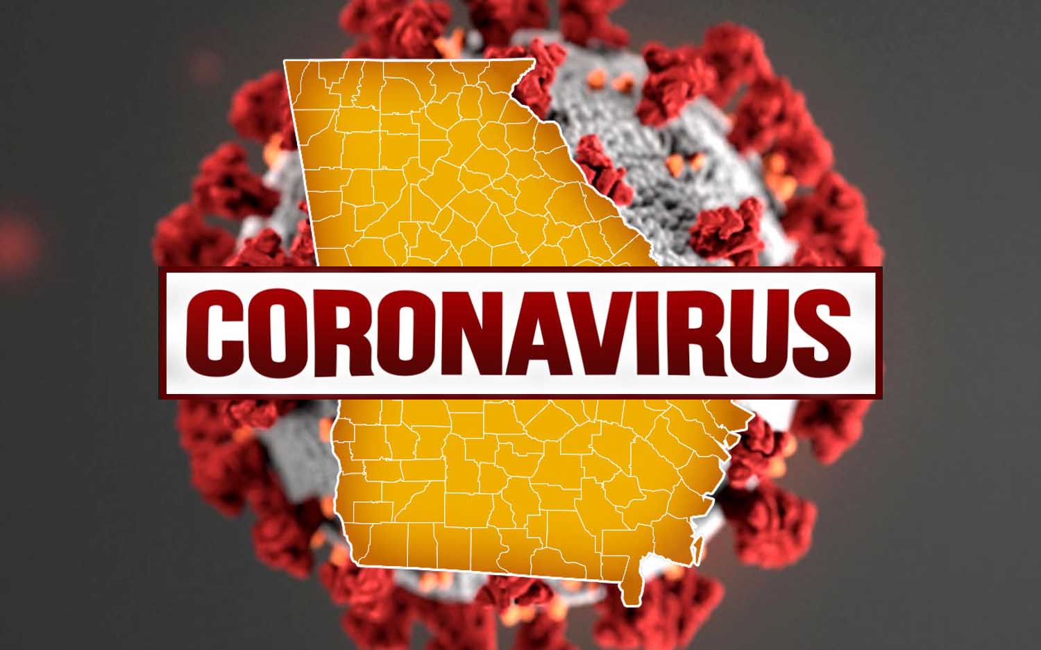 A yellow graphic of the state of Georgia with a coronavirus molecule in the background